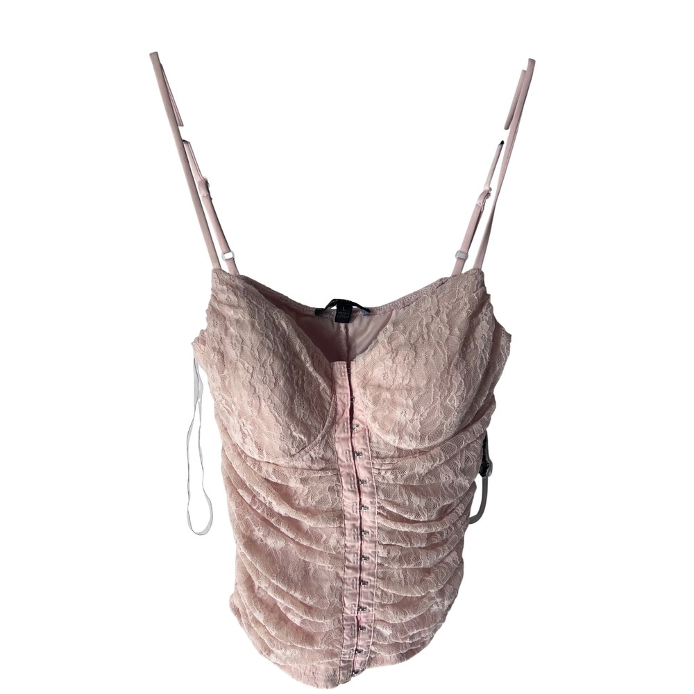 Moa Moa Pink Lace Corset Top Ruched Cami Adjustable Straps‎ Womens Size L